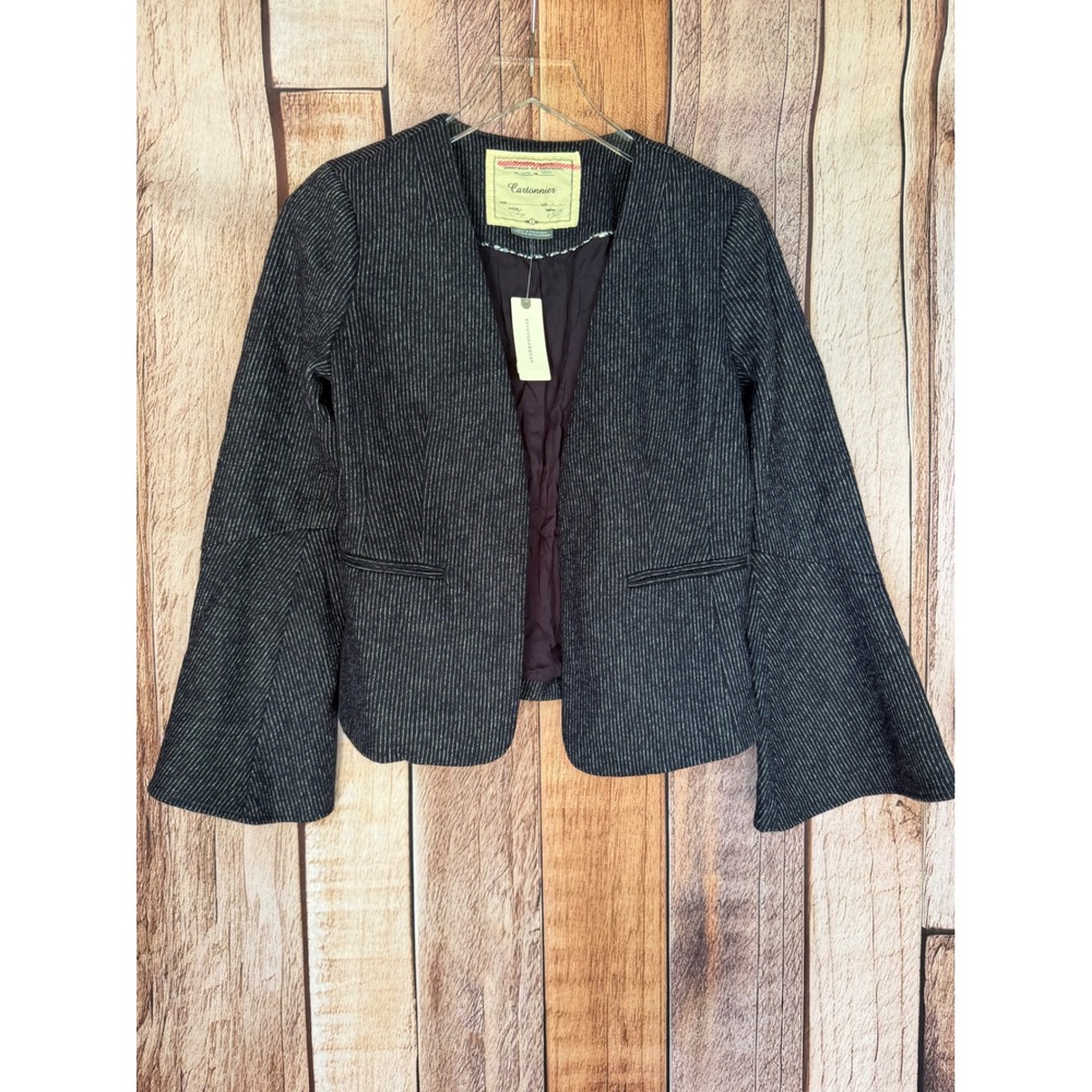 Cartonnier Anthropologie Blazer Bell Sleeve Pinstripe Workwear Navy Size 2 NWT
